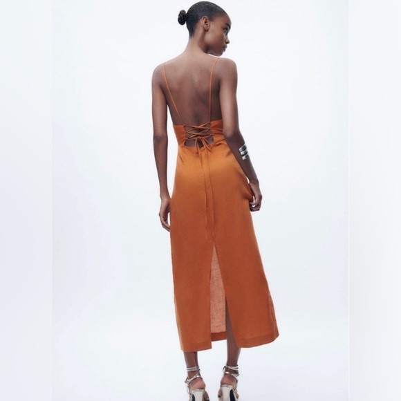 Zara Linen Blend Midi Dress NWT - Picture 2 of 8